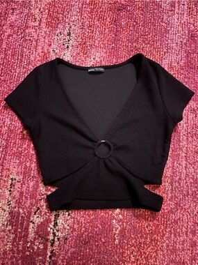 Bershka Black Ribbed Crop Top with Cutout Sides